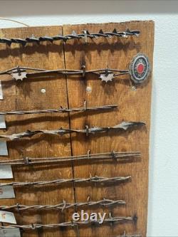 Large 34 Antique Barbed Wire Rustic Wood Display Labeled Cuts of Barbwire