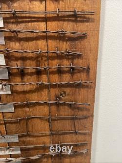 Large 34 Antique Barbed Wire Rustic Wood Display Labeled Cuts of Barbwire