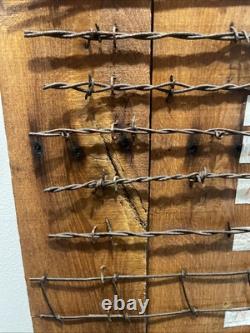 Large 34 Antique Barbed Wire Rustic Wood Display Labeled Cuts of Barbwire