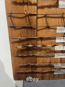 Large 34 Antique Barbed Wire Rustic Wood Display Labeled Cuts of Barbwire