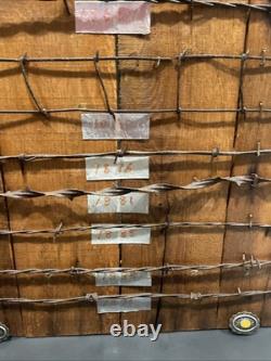 Large 34 Antique Barbed Wire Rustic Wood Display Labeled Cuts of Barbwire