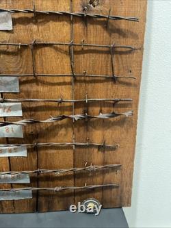 Large 34 Antique Barbed Wire Rustic Wood Display Labeled Cuts of Barbwire