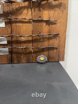 Large 34 Antique Barbed Wire Rustic Wood Display Labeled Cuts of Barbwire