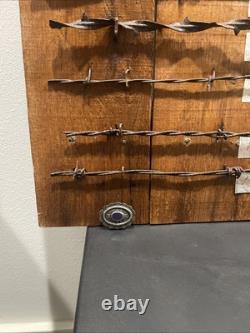 Large 34 Antique Barbed Wire Rustic Wood Display Labeled Cuts of Barbwire