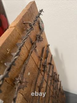 Large 34 Antique Barbed Wire Rustic Wood Display Labeled Cuts of Barbwire
