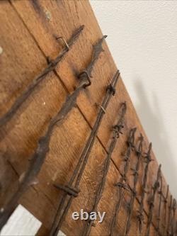 Large 34 Antique Barbed Wire Rustic Wood Display Labeled Cuts of Barbwire