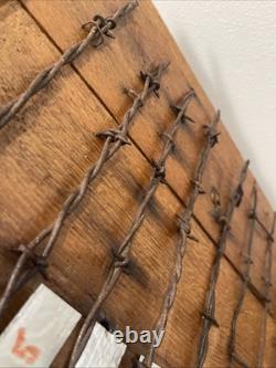 Large 34 Antique Barbed Wire Rustic Wood Display Labeled Cuts of Barbwire