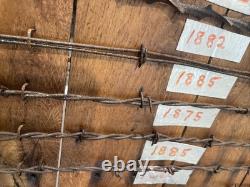 Large 34 Antique Barbed Wire Rustic Wood Display Labeled Cuts of Barbwire