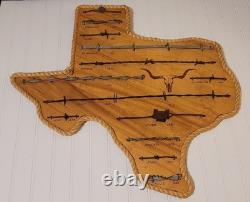 Large Antique 1800's Barbed Wire On Wooden Texas Display 13 Cuts 27X25