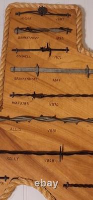 Large Antique 1800's Barbed Wire On Wooden Texas Display 13 Cuts 27X25
