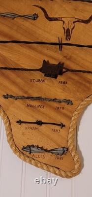 Large Antique 1800's Barbed Wire On Wooden Texas Display 13 Cuts 27X25
