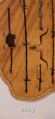 Large Antique 1800's Barbed Wire On Wooden Texas Display 13 Cuts 27X25