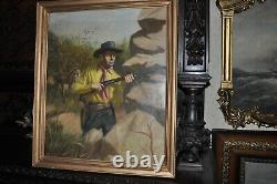 Large Antique Academic Cowboy Painting Classic American