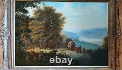 Large Antique America Cowboy settlers Oil Painting On Panel Landscape Mountains