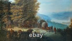 Large Antique America Cowboy settlers Oil Painting On Panel Landscape Mountains