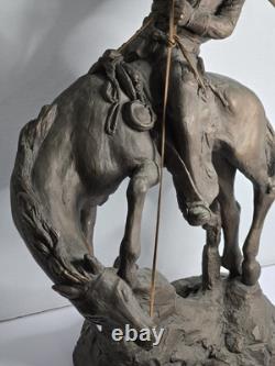 Large Antique Bronze/Metal Sculpture American Cowboy Rifle Riding Horse 1978