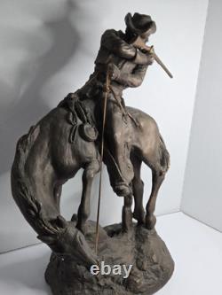 Large Antique Bronze/Metal Sculpture American Cowboy Rifle Riding Horse 1978