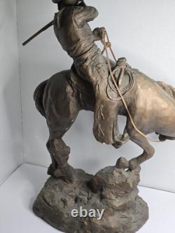 Large Antique Bronze/Metal Sculpture American Cowboy Rifle Riding Horse 1978