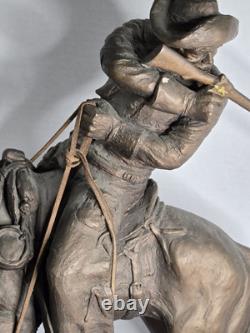 Large Antique Bronze/Metal Sculpture American Cowboy Rifle Riding Horse 1978