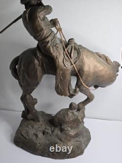 Large Antique Bronze/Metal Sculpture American Cowboy Rifle Riding Horse 1978