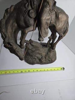 Large Antique Bronze/Metal Sculpture American Cowboy Rifle Riding Horse 1978
