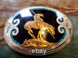 Large End Of The Trail Belt Buckle Turquoise Inlay Western Vtg Johnson & Held