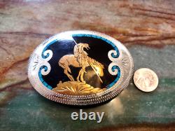 Large End Of The Trail Belt Buckle Turquoise Inlay Western Vtg Johnson & Held
