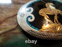 Large End Of The Trail Belt Buckle Turquoise Inlay Western Vtg Johnson & Held