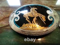 Large End Of The Trail Belt Buckle Turquoise Inlay Western Vtg Johnson & Held