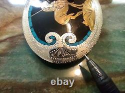 Large End Of The Trail Belt Buckle Turquoise Inlay Western Vtg Johnson & Held