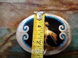 Large End Of The Trail Belt Buckle Turquoise Inlay Western Vtg Johnson & Held