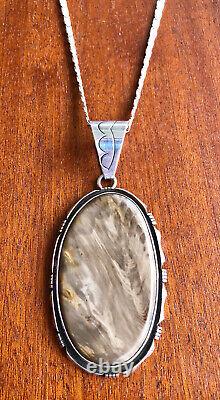 Large James Shay Navajo Sterling Silver Overlay Fossilized Wood Pendant & Chain