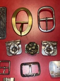 Large Lot Of 30+ Vintage Brass & Metal Belt Buckles Western, Art Deco