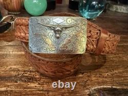 Large Mexican Sterling Silver 14K Longhorn Belt Buckle 1.5-35-36