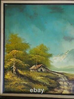 Large Original Oil On Canvas Painting Mountain Landscape Vintage Antique Frame