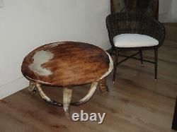 Large Oversized Vintage Western Theme Steer Horn Cowhide Ottoman Coffee Table