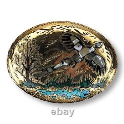 Large Southwestern Brass Pheasant Belt Buckle Turquoise Abalone Malachite Inlay