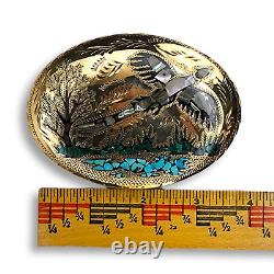 Large Southwestern Brass Pheasant Belt Buckle Turquoise Abalone Malachite Inlay