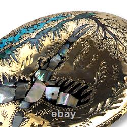 Large Southwestern Brass Pheasant Belt Buckle Turquoise Abalone Malachite Inlay