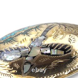 Large Southwestern Brass Pheasant Belt Buckle Turquoise Abalone Malachite Inlay