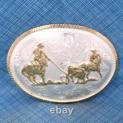Large Team Roping Belt Buckle Rodeo Cowboy Vtg Montana Silversmiths. GMP809