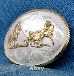 Large Team Roping Belt Buckle Rodeo Cowboy Vtg Montana Silversmiths. GMP809