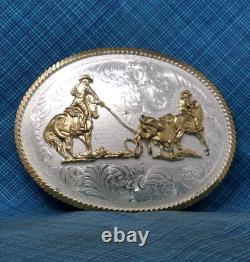 Large Team Roping Belt Buckle Rodeo Cowboy Vtg Montana Silversmiths. GMP809