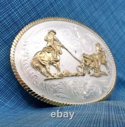 Large Team Roping Belt Buckle Rodeo Cowboy Vtg Montana Silversmiths. GMP809
