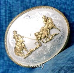 Large Team Roping Belt Buckle Rodeo Cowboy Vtg Montana Silversmiths. GMP809