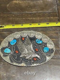 Large Turquoise Coral Eagle & Buffalo Nickel Belt Buckle Navajo Old Pawn Native