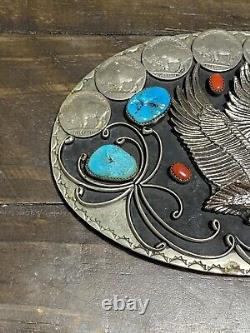 Large Turquoise Coral Eagle & Buffalo Nickel Belt Buckle Navajo Old Pawn Native