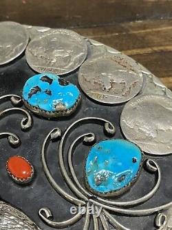 Large Turquoise Coral Eagle & Buffalo Nickel Belt Buckle Navajo Old Pawn Native