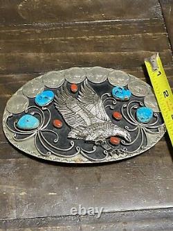 Large Turquoise Coral Eagle & Buffalo Nickel Belt Buckle Navajo Old Pawn Native