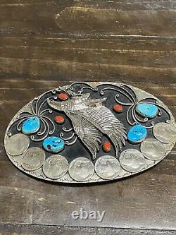 Large Turquoise Coral Eagle & Buffalo Nickel Belt Buckle Navajo Old Pawn Native